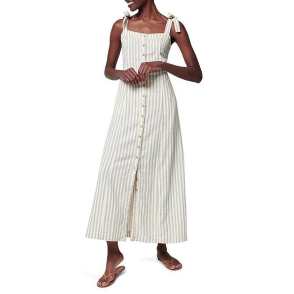 Faherty Tie Strap Organic Cotton Gray Stripe Button Front Midi Dress Size M NWT - Picture 1 of 5